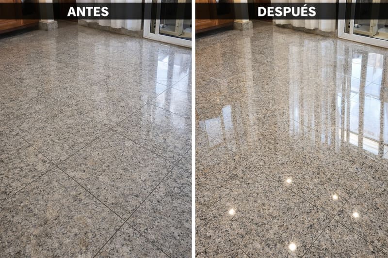 Antes y después pulido cristalizado de piso de granito - Servicios Salper