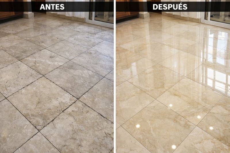 Antes y después pulido cristalizado de piso de mármol - Servicios Salper